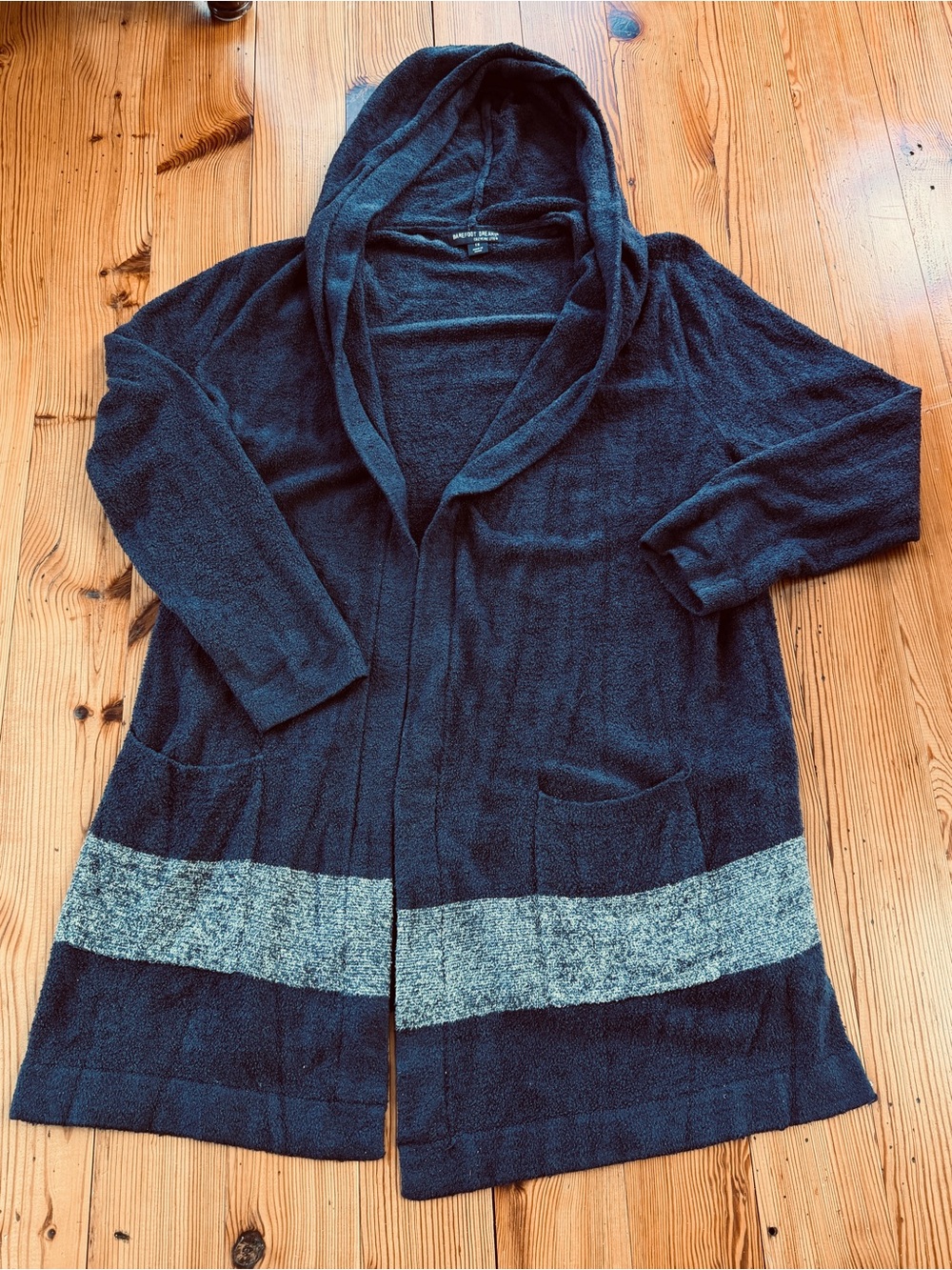 Barefoot Dreams CozyChic Lite Hooded Cardigan Navy Blue Grey Stripe 1X